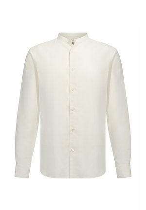 Chemise à manches longues et à boutons en tissu écru. Dotée d'un col encerclé, d'une coupe droite et d'une fermeture à boutons classique. Texture lisse.