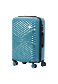 Compact blue hard-shell suitcase with textured wave pattern, four double spinner wheels, side handle, and built-in combination lock.