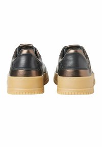 Black and bronze metallic sneakers with a smooth leather upper, padded collar, and gum rubber sole featuring a textured tread pattern.