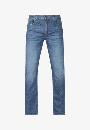 Blauwe spijkerbroek met een rechte pijp, voorzien van vijf zakken, een sluiting met een knoop aan de voorkant en subtiele vervaging voor textuur.