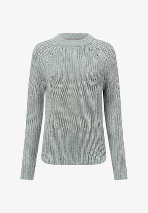 Light gray knitted sweater featuring a round neck, raglan sleeves, and a textured pattern. The hem is slightly curved for a relaxed fit.