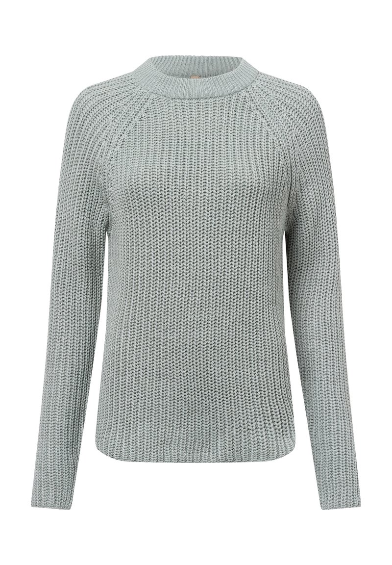 Hellgrauer Strickpullover mit rundem Ausschnitt, Raglanärmeln und einem strukturierten Muster. Der Saum ist leicht gebogen für einen entspannten Sitz.