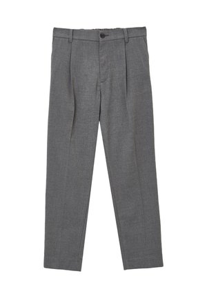 Graue maßgeschneiderte Hose aus strukturiertem Stoff, mit Knopfverschluss, Vorderfalten und geradem Bein, entworfen für einen formellen Look.