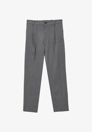 Pantalons ajustés gris en tissu texturé, avec une fermeture à bouton, des plis à l'avant et des jambes droites, conçus pour un look formel.