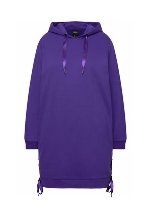 Purple hooded sweatshirt with long sleeves, satin drawstrings, and side ties. Soft fabric and relaxed fit, featuring a kangaroo pocket.
