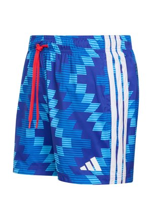 Modré plavky s geometrickým vzorem ve světle modrých akcenty, červeným stahovacím šňůrkou a třemi bílými pruhy po straně.