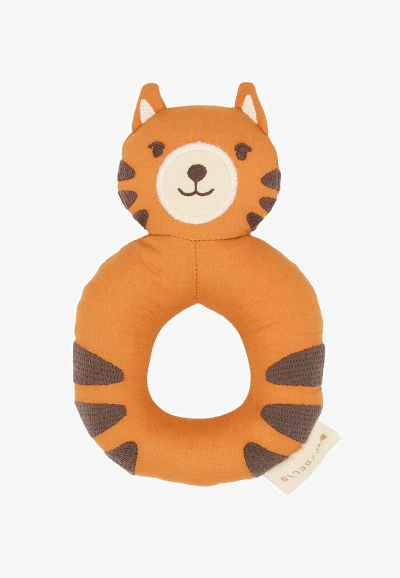 Orange fabric teether in a ring shape, featuring a tiger face with embroidered details, black stripes, and a loop for gripping.