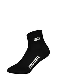 Black ankle sock made of stretchy material, featuring a ribbed cuff and white "STARTER" logo with a star accent. Smooth texture.