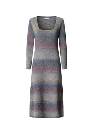 Vestito lavorato a maglia con scollatura quadrata, maniche lunghe e una silhouette fluida. Presenta un motivo gradiente in tonalità grigio, blu e bordeaux.