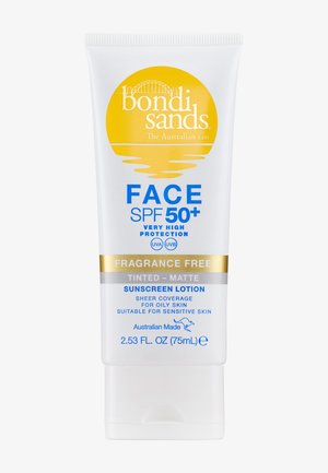 Bondi Sands SPF 50+ fragrance-free tinted matte face sunscreen lotion, sheer coverage for oily, sensitive skin, 75ml tube, Australian made.