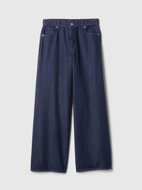 Pantaloni din denim cu croi wide-leg, de culoare albastru închis, cu o textură netedă, dotati cu fermoar la brâu, buzunare frontale și accente metalice.