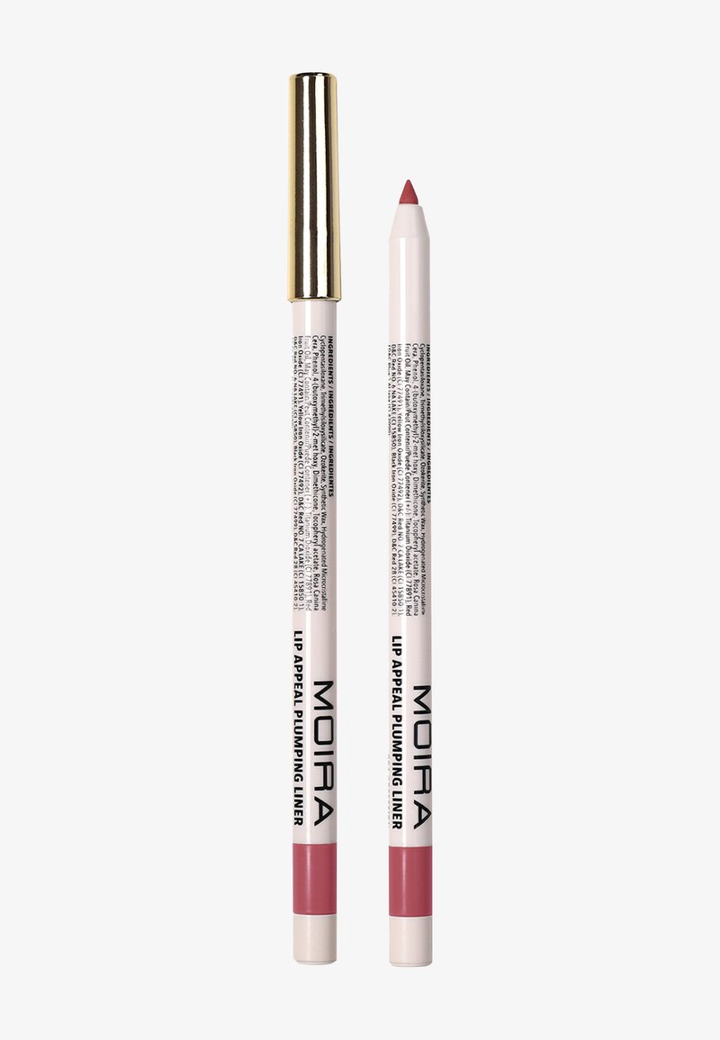 Deux crayons à lèvres Moira Lip Appeal Plumping Liner, l'un fermé avec un capuchon doré, l'autre ouvert montrant une pointe rose mauve.
