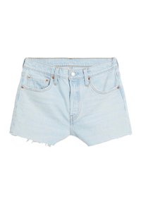 Shorts in denim azzurro chiaro con orlo sfrangiato, design a cinque tasche e dettagli in metallo. Presentano una chiusura con bottone e zip.