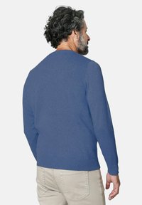 Suéter azul de manga larga hecho de material suave, con cuello redondo y puños acanalados, visto por la parte de atrás.