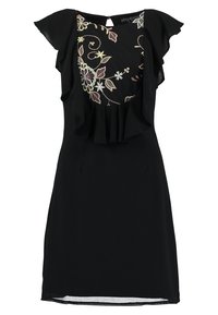 Czarna sukienka z haftowanym floralnym gorsetem, falbanianymi krótkimi rękawami i plisowanymi detalami w talii. Gładka tekstura tkaniny.