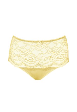 Yellow lace lingerie panties with floral pattern and small bow at waistband front.