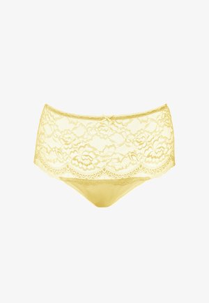 Yellow lace lingerie panties with floral pattern and small bow at waistband front.