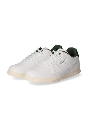 Zapatillas deportivas blancas con detalles verdes, que cuentan con un exterior sintético liso, diseño de cordones, cuello acolchado y suela de goma texturizada.