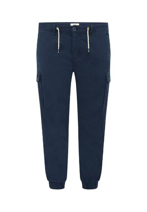 Marineblauwe cargobroeken van zachte stof, met zijzakken, elastische boorden en een trekkoord in de taille voor een verstelbare pasvorm.