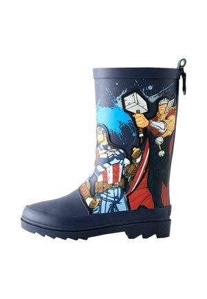 Children's navy blue rain boot with illustrations of Captain America and Thor holding his hammer, with blue paint splatter background.