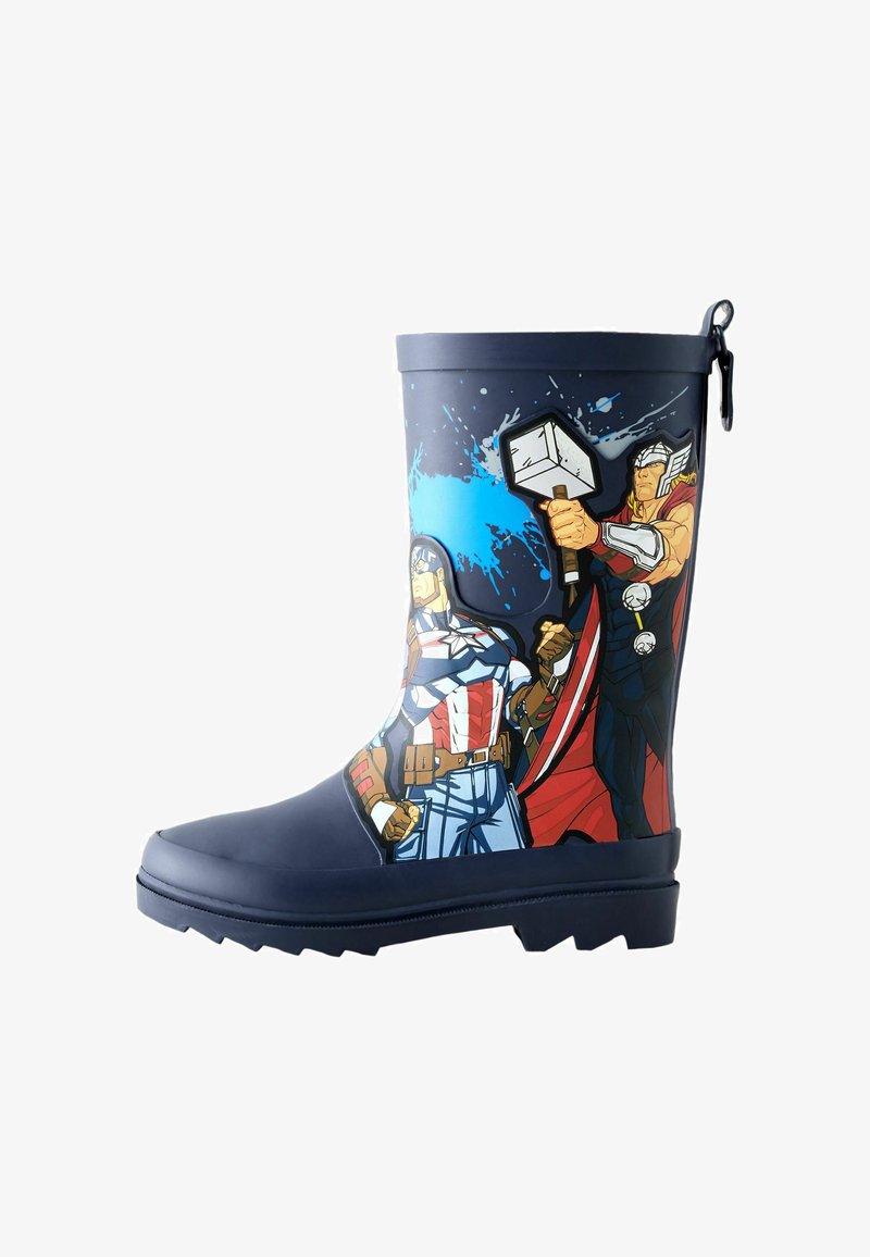 Botte de pluie bleu marine pour enfants avec illustrations de Captain America et Thor tenant son marteau, avec un fond éclaboussé de peinture bleue.