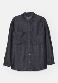 Camicia button-up blu scuro realizzata in un tessuto texturizzato. Presenta maniche lunghe, un colletto e due tasche frontali con bottoni visibili.