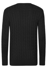 Pull noir en maille torsadée avec un motif texturé, un col rond et des manches longues. L'ourlet et les poignets sont côtelés pour plus de détails.