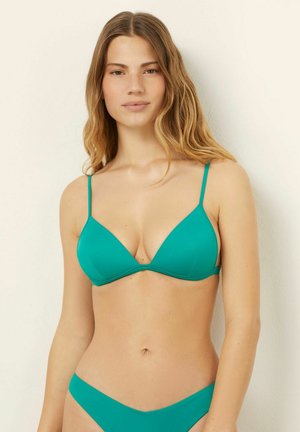 Teal triangle bikini with thin adjustable straps, smooth texture, and a minimalistic design. Bottom features a low-rise cut with matching color.