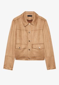 Veste en suédine beige avec un col, fermeture à boutons sur le devant, deux poches poitrine et des détails de couture visibles.