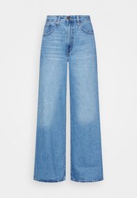Ljusblå vida jeans gjorda av denim, med hög midja, fyra fickor och en framknäppning med minimal blekning.