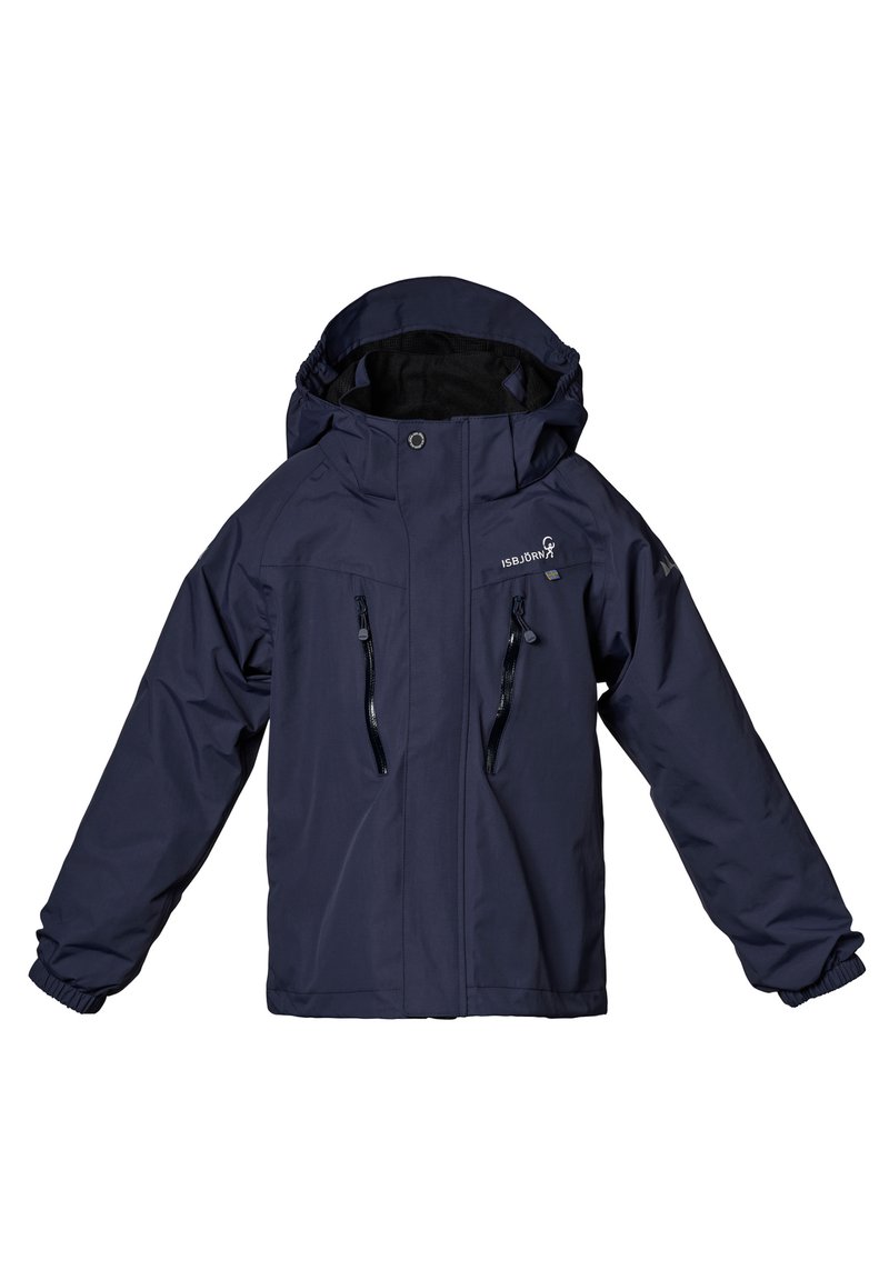 Marinblå vattentät jacka med huva, med två framfickor med dragkedja, elastiska ärmmuddar och logotypen på bröstet.