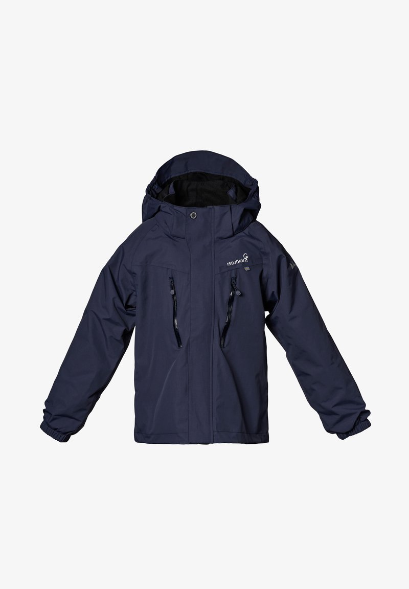 Marinblå vattentät jacka med huva, med två framfickor med dragkedja, elastiska ärmmuddar och logotypen på bröstet.