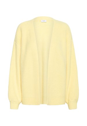 Žuti kardigan s rebrastim uzorkom, dugih, blago nabranih rukava i otvorenog prednjeg dijela. Izrađen od mekane pletene tkanine za udobnost i toplinu.