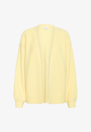 Gele geribbelde cardigan met lange, licht opgeblazen mouwen en een open voorkant. Gemaakt van zacht gebreid stof voor comfort en warmte.