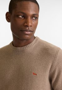 Beige Wollpullover mit einem gerippten Ausschnitt und Textur. Enthält ein kleines rotes Dackel-Stickerei auf der linken Brust.