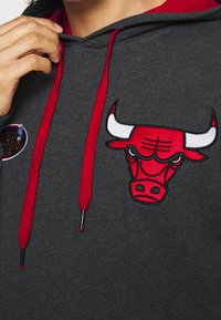 Sudadera gris con un logo bordado en rojo de los Chicago Bulls en la parte delantera, con cordones rojos y un forro interior rojo.