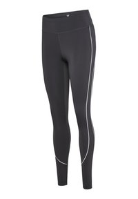 Black leggings with a high waistband, featuring white side stripes. Made from a smooth, stretchy material for comfort and flexibility.