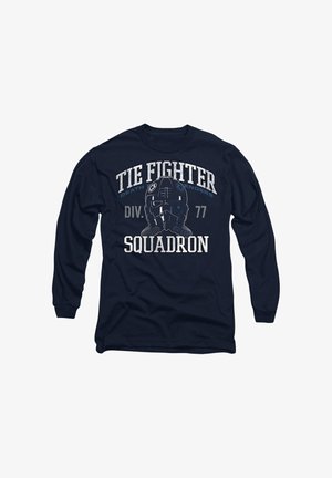 Navy long-sleeve t-shirt featuring a TIE Fighter helmet graphic, with white and light blue text reading "TIE FIGHTER SQUADRON DIV. 77."