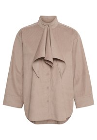 Beige langærmet skjorte med høj krave og draperet frontsløjfe. Har knaplukning og afrundet kant, lavet af blødt materiale.