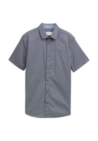 Korte mouwen overhemd in marineblauwe stof met een geometrisch wit patroon, knoopsluiting en klassieke kraag. Glad oppervlak.