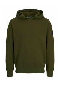 Olijfgroene hoodie met ribgebreide manchetten en onderrand. Heeft een zwart stoffen logo patch op de mouw. Gemaakt van zachte, gestructureerde stof.