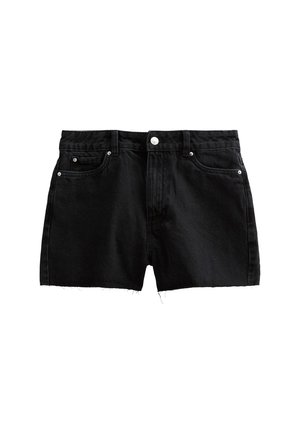Shorts in denim nero a vita alta, con due tasche frontali, dettagli in metallo argentato e orlo sfilacciato per un look casual.