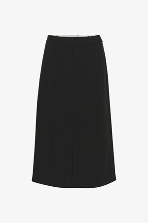 Black midi skirt with a straight silhouette, made from a smooth fabric. Features a waistband and side pockets, no visible patterns or embellishments.