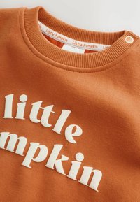 Burnt orange baby sweatshirt with ribbed collar, snap button on shoulder, and raised white text reading "little pumpkin."