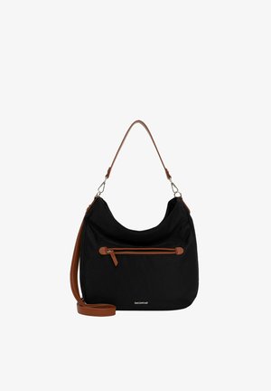 Sac d'épaule en tissu noir avec poignées en cuir marron, poche zippée à l'avant et bandoulière longue amovible.