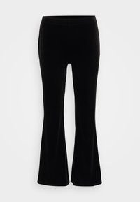 Zwarte, flare-broek van zachte, gestructureerde stof. Voorzien van een hoge tailleband en een soepele, gelijkmatige zoom. Geschikt voor zowel casual als formele kleding.