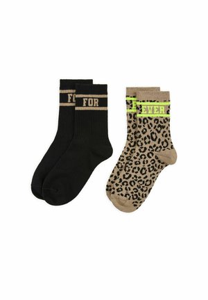 Two pairs of crew socks, one black with "FOR" text in beige, the other beige with black leopard spots and "EVER" in neon yellow.
