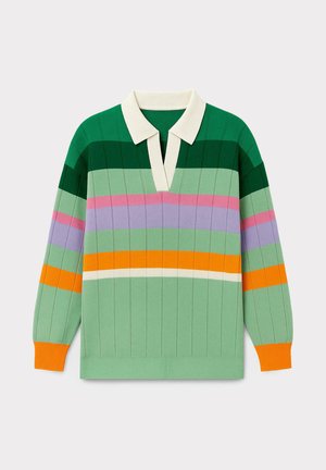 Knit pullover with green and pastel stripes, featuring a white collar, ribbed texture, and orange accents at the cuffs and bottom hem.