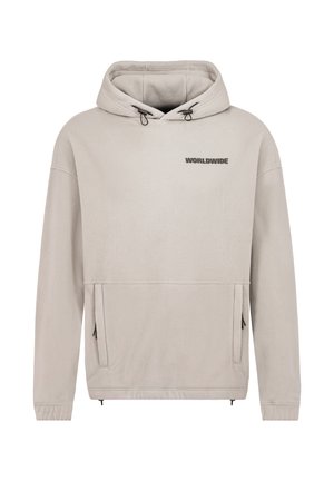 Light gray fleece hoodie with adjustable drawstring hood, front kangaroo pocket, and subtle "WORLDWIDE" logo in black on the chest.