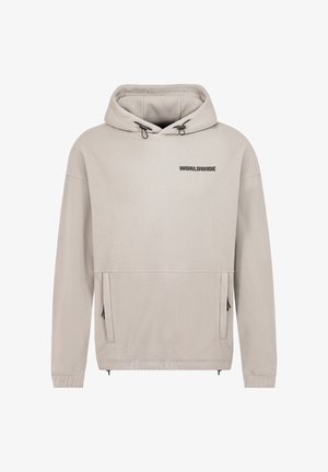 Hellgrauer Fleecepullover mit verstellbarer Kapuze, Kängurutasche vorne und dezisem "WORLDWIDE"-Logo in Schwarz auf der Brust.